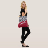 Red Black White Striped Pattern Persoonlijke naam Tote Bag (Op model)