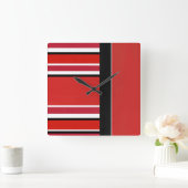 Red Black White Stripes Block Vierkante Klok (Huis)