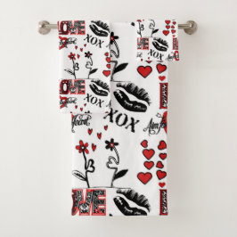 Red Black White Valentine Motif Bad Handdoek