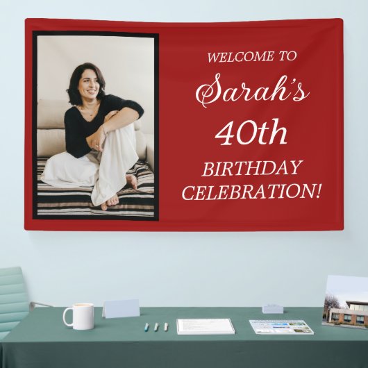 Red Black White Woman's 40e verjaardag Fotobanner Spandoek (Beurs)