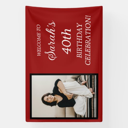 Red Black White Woman's 40e verjaardag Fotobanner Spandoek (Verticaal)