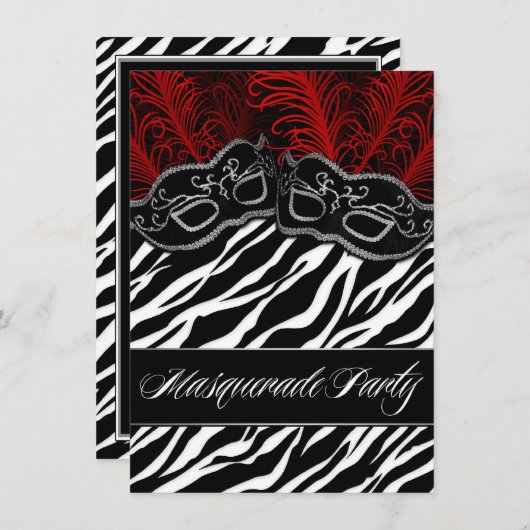 Red Black Zebra Masquerade Ball Party-uitnodiginge Kaart (Voorkant / Achterkant)