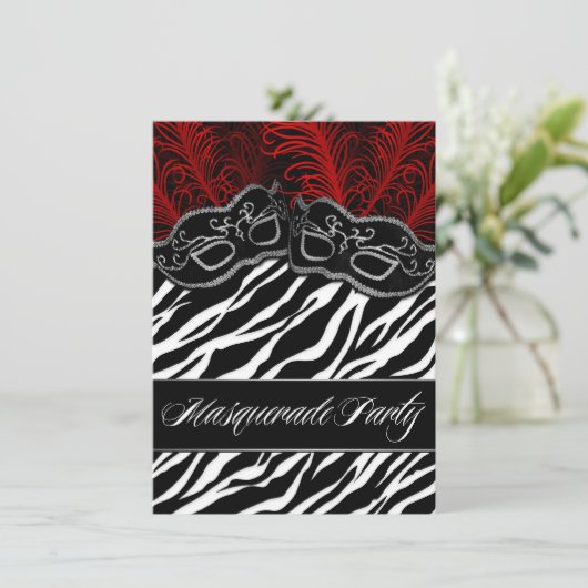 Red Black Zebra Masquerade Ball Party-uitnodiginge Kaart (Staand voorkant)