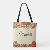 Red Blauwgroen Floral Paisley Framed Add Name Canv Tote Bag (Achterkant)