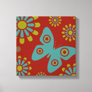 Red Blauwgroen Flowers Butterfly Canvas Art Afdruk