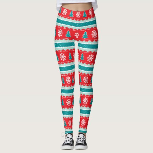 Red Blauwgroen kerstval Patroon Leggings (Voorkant)