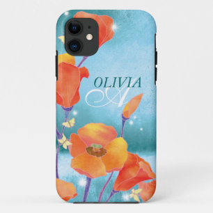 Red Blauwgroen Poppy Floral Monogram iPhone 5 Hoes
