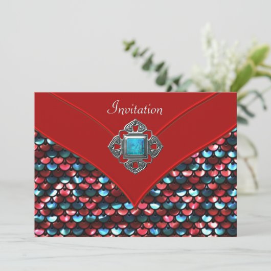 Red Blauwgroen Sequin All Occasion Party Sjabloon Kaart (Staand voorkant)