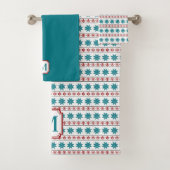 Red Blauwgroen Winter Snowflake Nordic Pattern Mon Bad Handdoek (Insitu)
