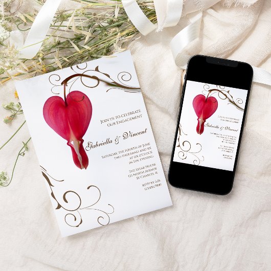 Red Bleeding Hearts Flowers Engagement Party Kaart