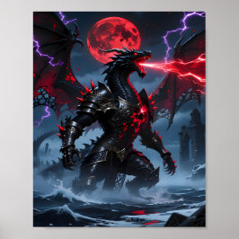 Red Blood Moon Armored Black Dragon Fantasy Poster