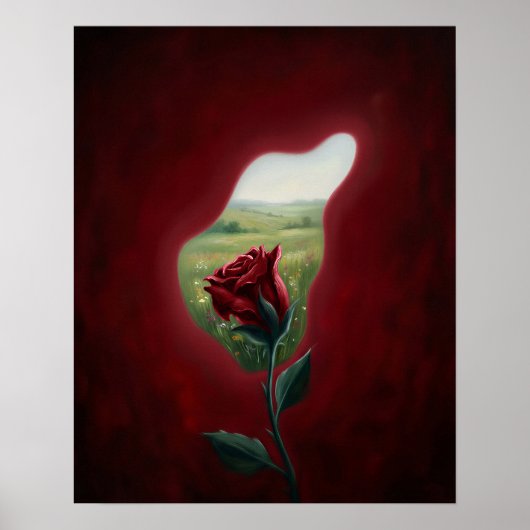 Red Bloom Window – Surreal Floral Wall Art Print (Voorkant)