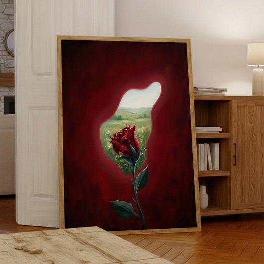 Red Bloom Window – Surreal Floral Wall Art Print