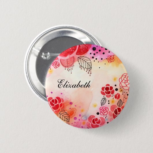Red Blooms Custom Name Button (Voorkant /achterkant)