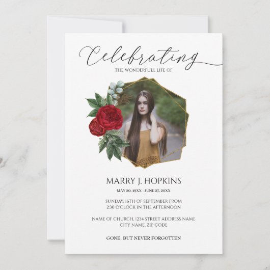 Red Blossom Photo Celebration of Life Invitation Kaart (Voorkant)