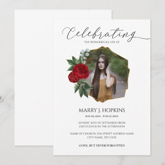 Red Blossom Photo Celebration of Life Invitation Kaart (Voorkant / Achterkant)