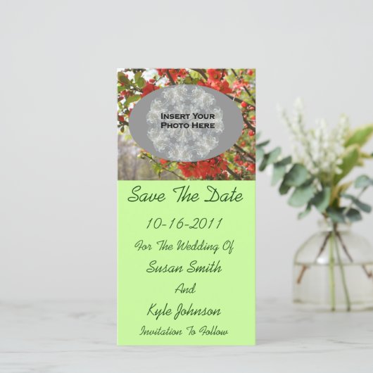 Red Blossoms Wedding Photo Sla de datum op Save The Date (Staand voorkant)