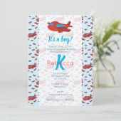 Red Blue Airplane Pattern Boy Baby shower Kaart (Staand voorkant)