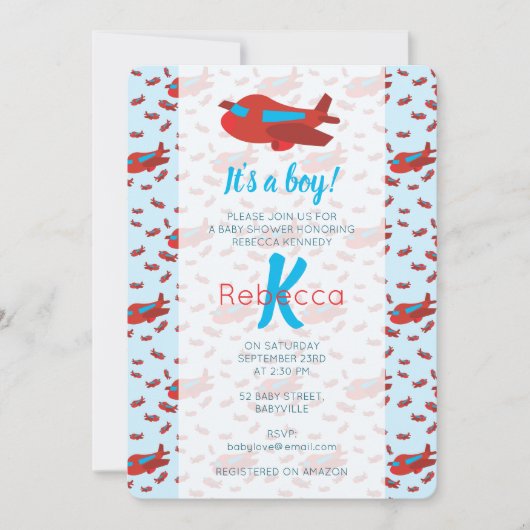 Red Blue Airplane Pattern Boy Baby shower Kaart (Voorkant)