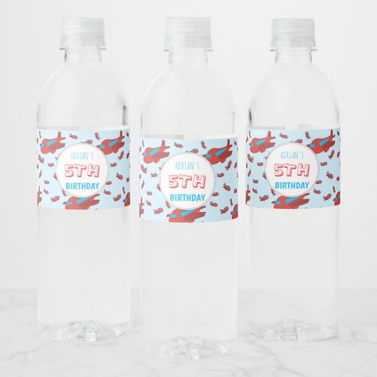 Red Blue Airplane Pattern Kinder Boys Girls Birthd Waterfles Etiket (Flessen)