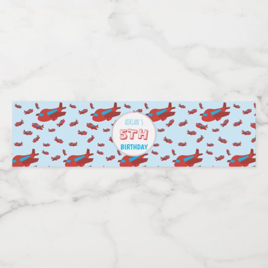 Red Blue Airplane Pattern Kinder Boys Girls Birthd Waterfles Etiket (Enkel label)