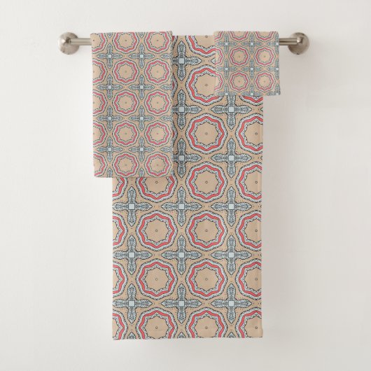 Red blue and cream colorful patterned  bad handdoek (Insitu)