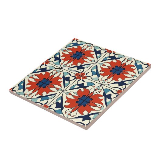 Red Blue and Off White Pattern Ceramic Tile Tegeltje (Zijkant)