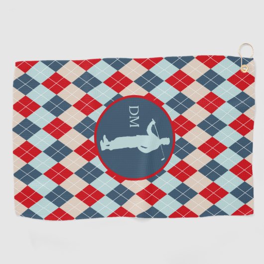 Red Blue Argyle Silhouette Golfer Monogram Golfhanddoek (Horizontaal)