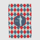 Red Blue Argyle Silhouette Golfer Monogram Golfhanddoek (Voorkant)