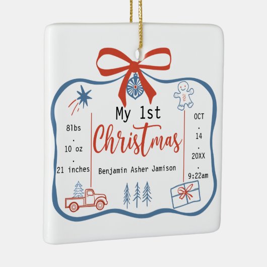 Red & Blue Baby Boy's 1st Christmas Birth Stats Keramisch Ornament (Rechts)