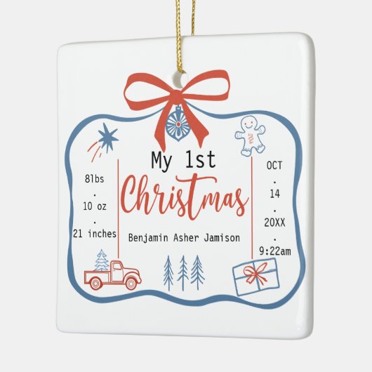 Red & Blue Baby Boy's 1st Christmas Birth Stats Keramisch Ornament (Links)