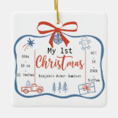 Red & Blue Baby Boy's 1st Christmas Birth Stats Keramisch Ornament (Voorkant)