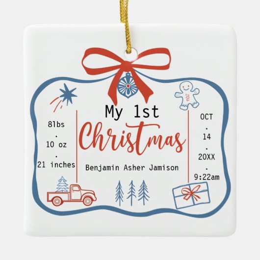 Red & Blue Baby Boy's 1st Christmas Birth Stats Keramisch Ornament (Voorkant)