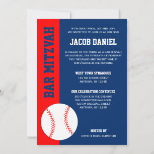 Red Blue Baseball Bar Mitzvah Kaart