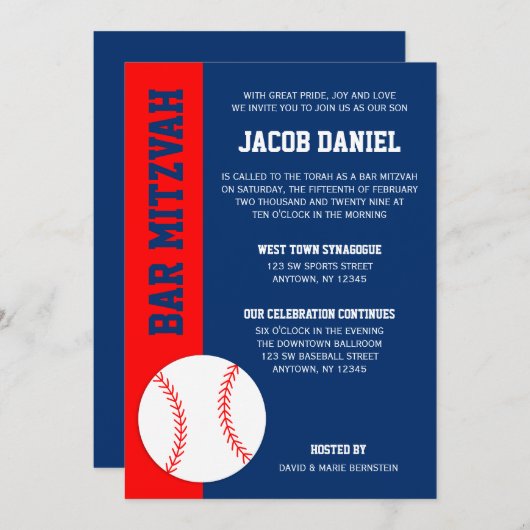 Red Blue Baseball Bar Mitzvah Kaart (Voorkant / Achterkant)