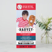 Red Blue Baseball Ticket Birthday Party foto Kaart (Staand voorkant)