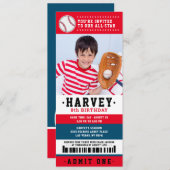 Red Blue Baseball Ticket Birthday Party foto Kaart (Voorkant / Achterkant)