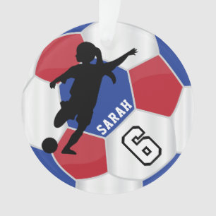 Red, Blue, Black & White Girl ⚽ Soccer Player - Ornament