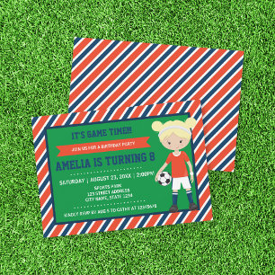 Red Blue Blonde Girl Soccer Birthday Invitation Kaart