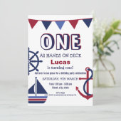 Red & Blue Boys eerste verjaardag nautische uitnod Kaart (Staand voorkant)