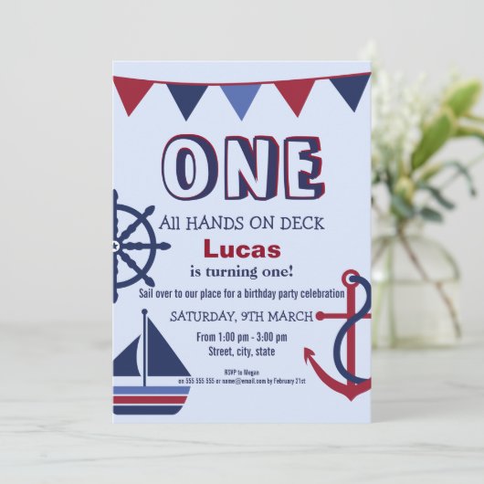 Red & Blue Boys eerste verjaardag nautische uitnod Kaart (Staand voorkant)