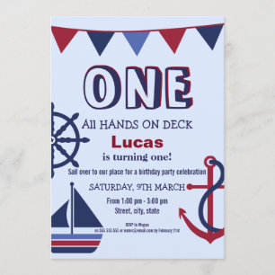 Red & Blue Boys eerste verjaardag nautische uitnod Kaart