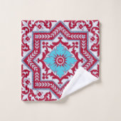 Red Blue Ceramic Style Azulejo  Monogram Bad Handdoek (Wasdoekje)