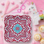 Red Blue Ceramic Style Azulejo  Monogram Papieren Bordje (Feest)