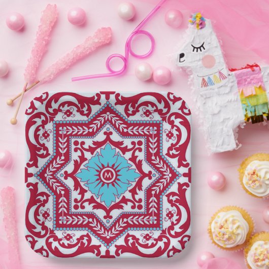 Red Blue Ceramic Style Azulejo  Monogram Papieren Bordje (Feest)