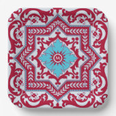 Red Blue Ceramic Style Azulejo  Monogram Papieren Bordje (Voorkant)