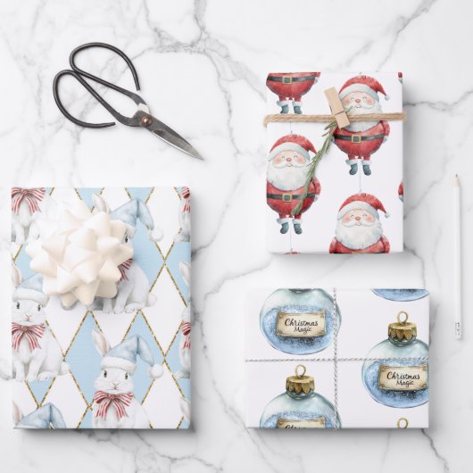 Red Blue Christmas Magic Santa Bunny Rabbit Inpakpapier Vel (Voorkant)