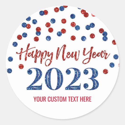 Red Blue Confetti Happy Nieuwjaar 2023 Ronde Sticker (Voorkant)