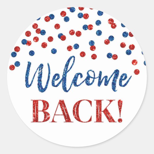Red Blue Confetti Welcome Back Round Sticker (Voorkant)