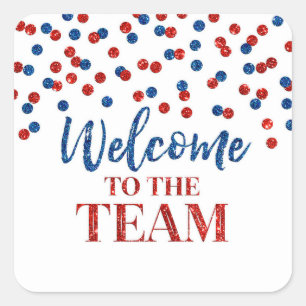 Red Blue Confetti Welkom bij het team Vierkante Sticker
